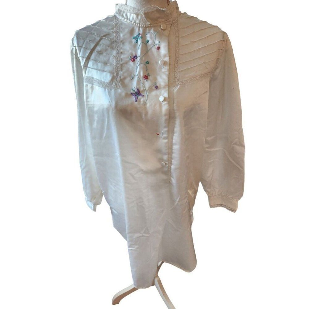 Vintage 80s Jodie Arden Long Sleeve Lace Pleated Nightgown L White Satin